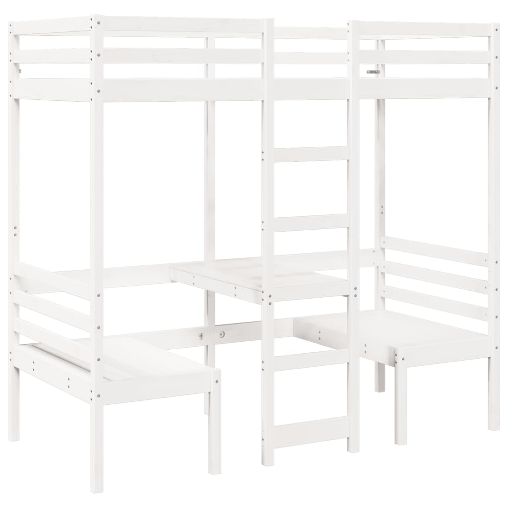 Loft Bed Frame with Desk and Chairs White 75x190cm Solid Wood Pine