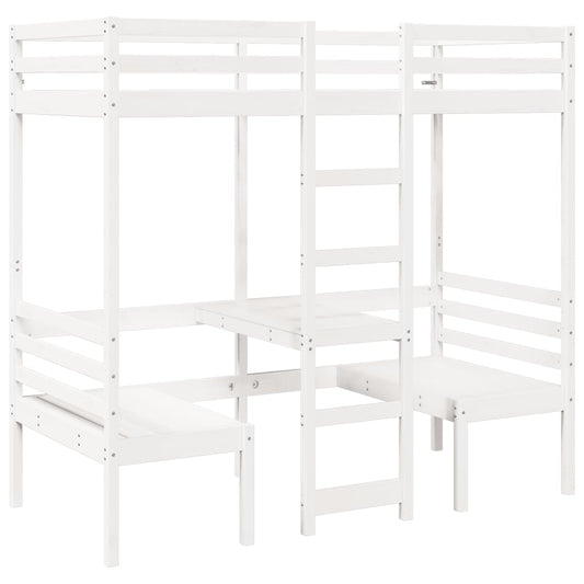 Loft Bed Frame with Desk and Chairs White 75x190cm Solid Wood Pine