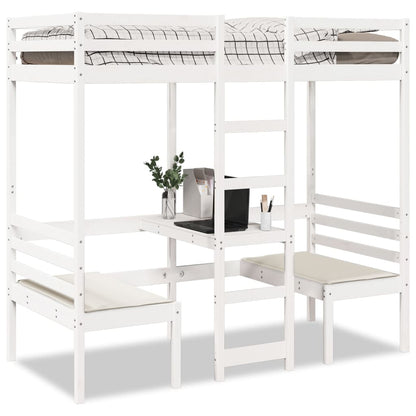 Loft Bed Frame with Desk and Chairs White 75x190cm Solid Wood Pine