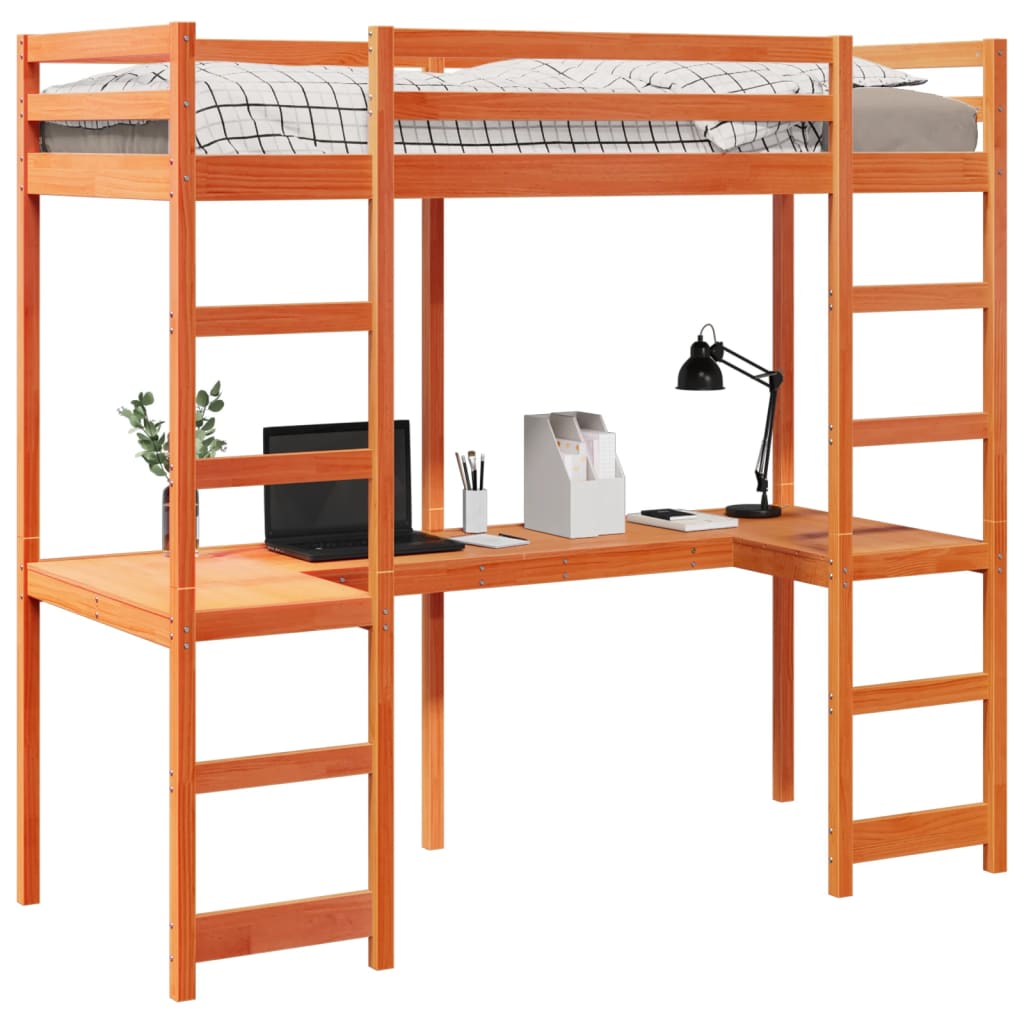 Loft Bed Frame without Mattress Wax Brown 75x190 cm Small Single Solid Wood Pine