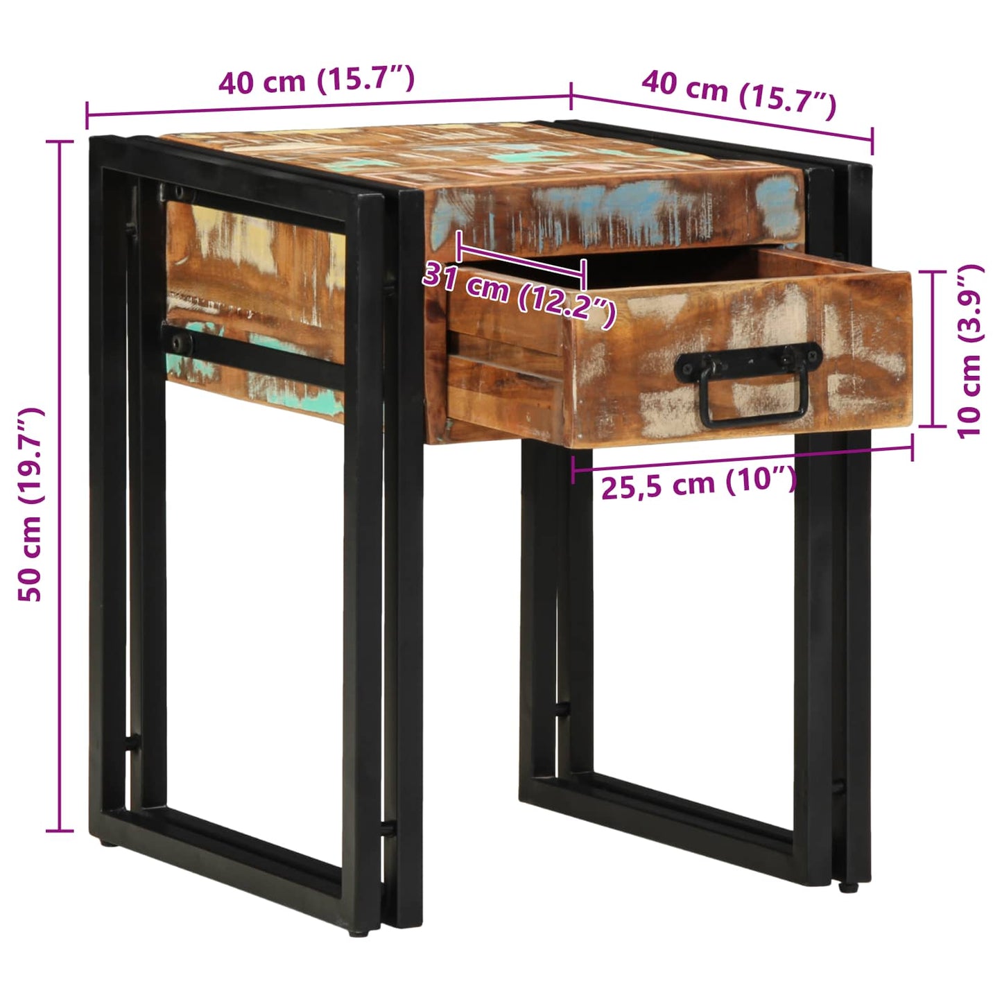 End Table with Drawer 40 x 40 x 50 cm Solid Reclaim Wood