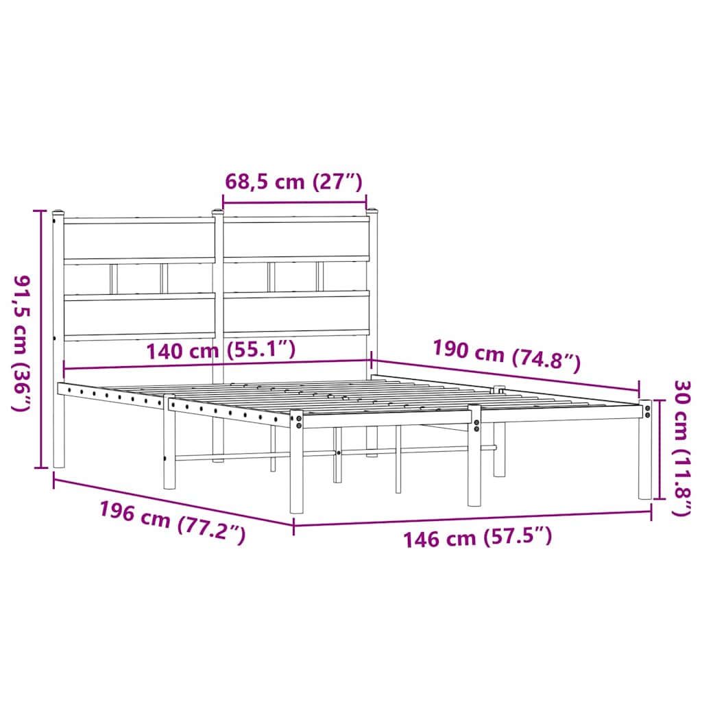 Metal Bed Frame without Mattress Smoked Oak 140x190 cm