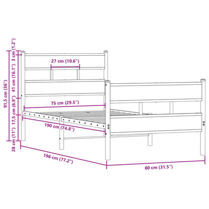 Bed Frame without Mattress with Headboard and Footboard 75x190 cm Small Single