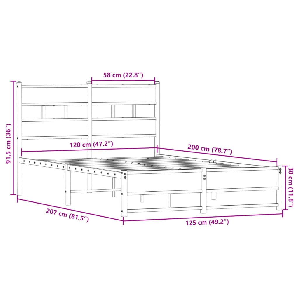 Metal Bed Frame without Mattress Smoked Oak 120x200 cm