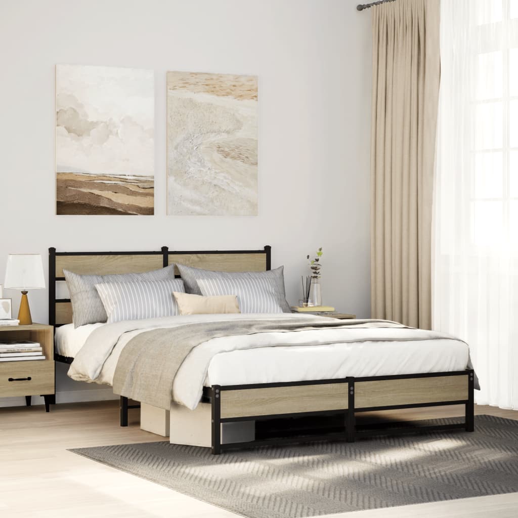 Metal Bed Frame without Mattress Sonoma Oak 135x190 cm Double