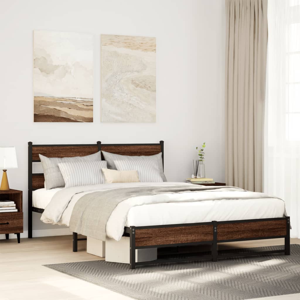 Metal Bed Frame without Mattress Brown Oak 135x190 cm Double