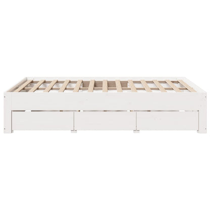 Bed Frame without Mattress with Drawers White 150x200 cm King Size Solid Wood Pine
