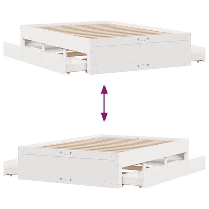 Bed Frame without Mattress with Drawers White 150x200 cm King Size Solid Wood Pine
