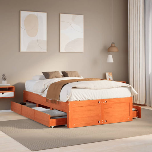 Bed Frame without Mattress with Drawers Wax Brown 120x190 cm Small Double Solid Wood Pine