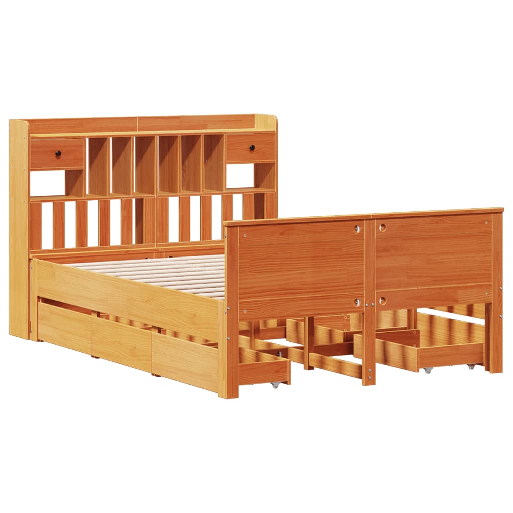 Bookcase Bed without Mattress Wax Brown 150x200 cm King Solid Wood Pine