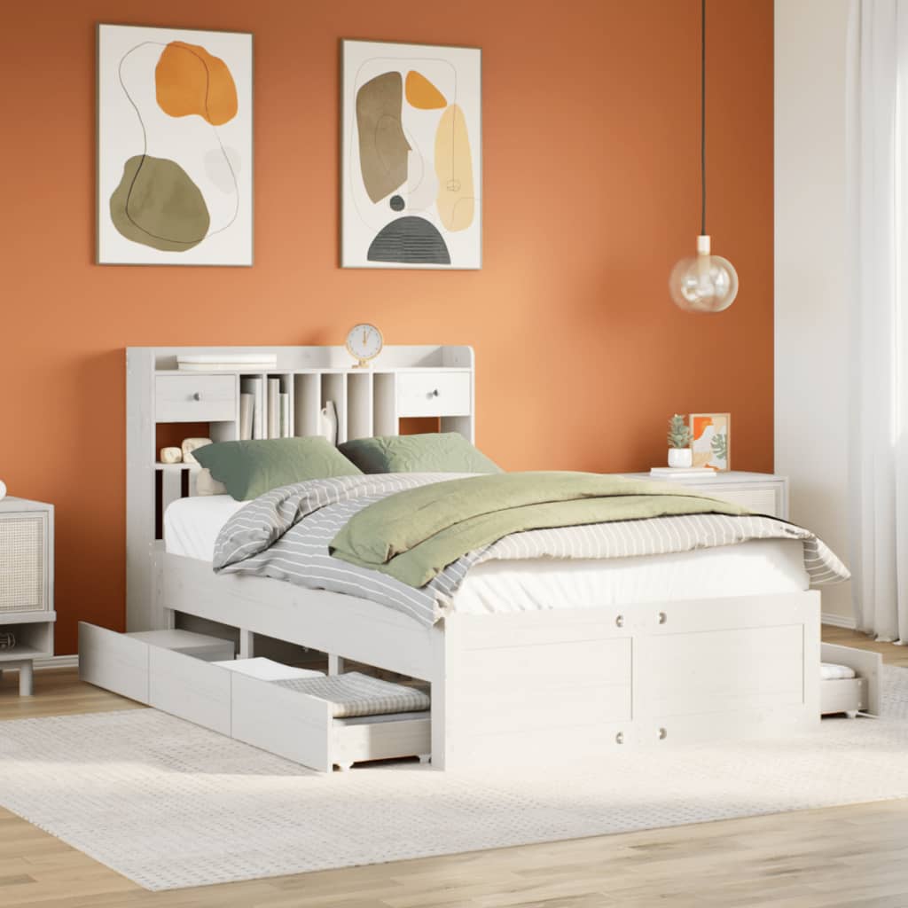 Bookcase Bed without Mattress White 135x190 cm Double Solid Wood Pine