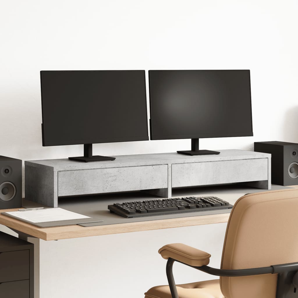 Monitor Stand with Drawers Concrete Grey 100x27x15 cm Engineered Wood