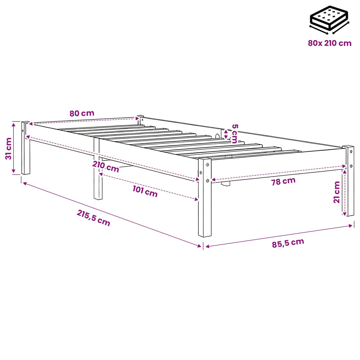 Extra Long Bed Frame without Mattress 80x210 cm Solid Wood Pine