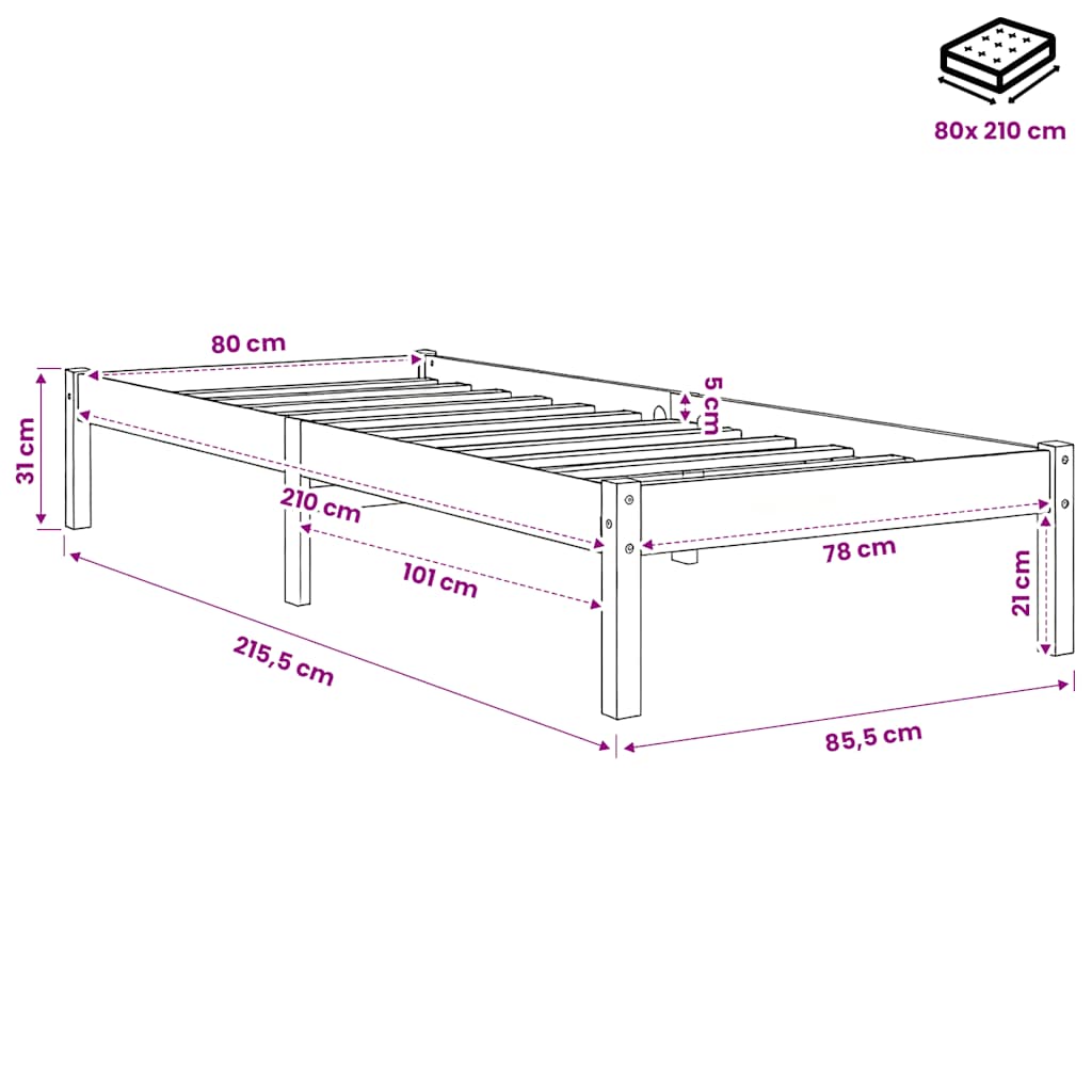 Extra Long Bed Frame without Mattress White 80x210 cm