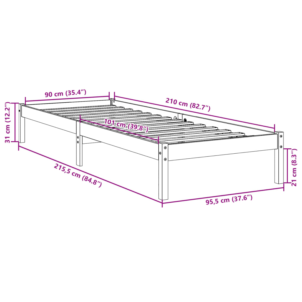 Extra Long Bed Frame without Mattress 90x210 cm Solid Wood Pine