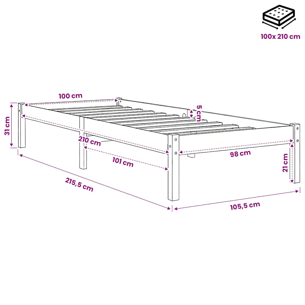 Extra Long Bed Frame without Mattress White 100x210 cm