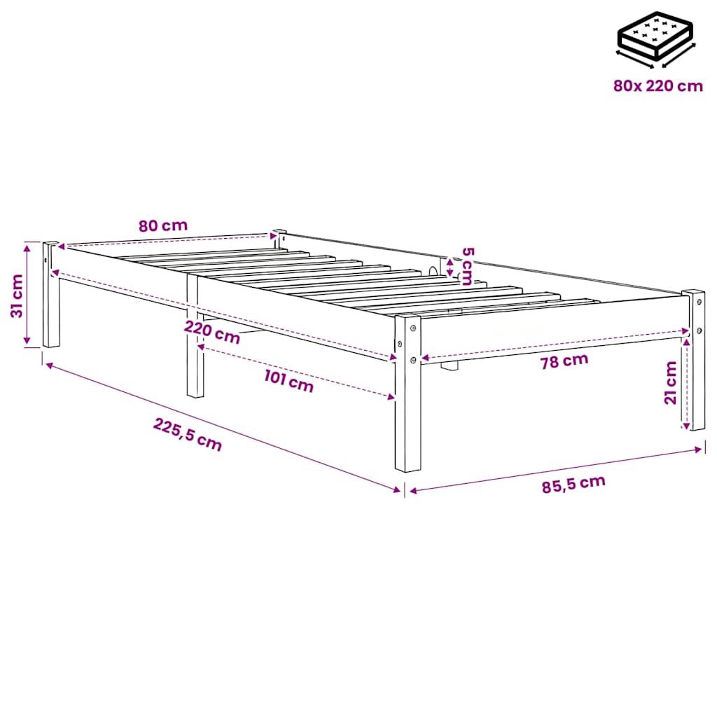 Extra Long Bed Frame without Mattress White 80x220 cm