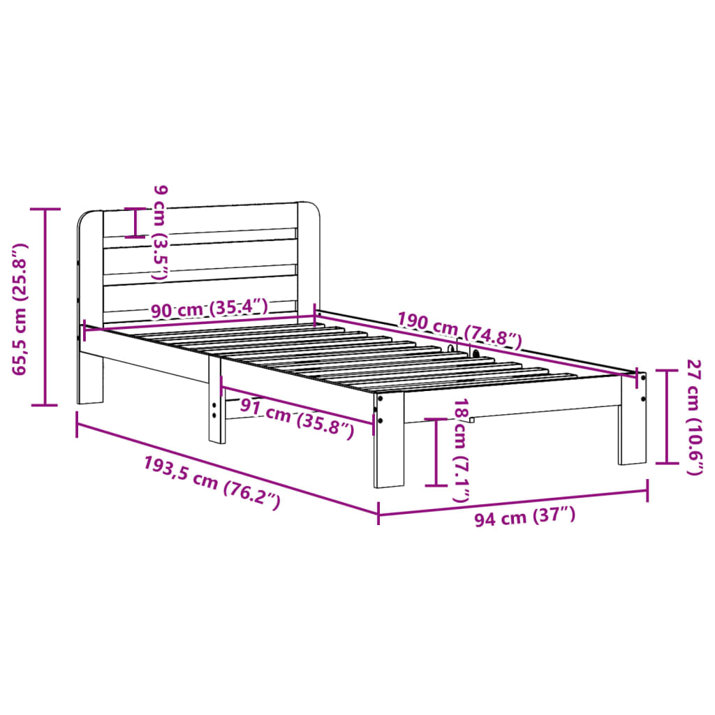 Bed Frame without Mattress Wax Brown 90x190 cm Single Solid Wood Pine