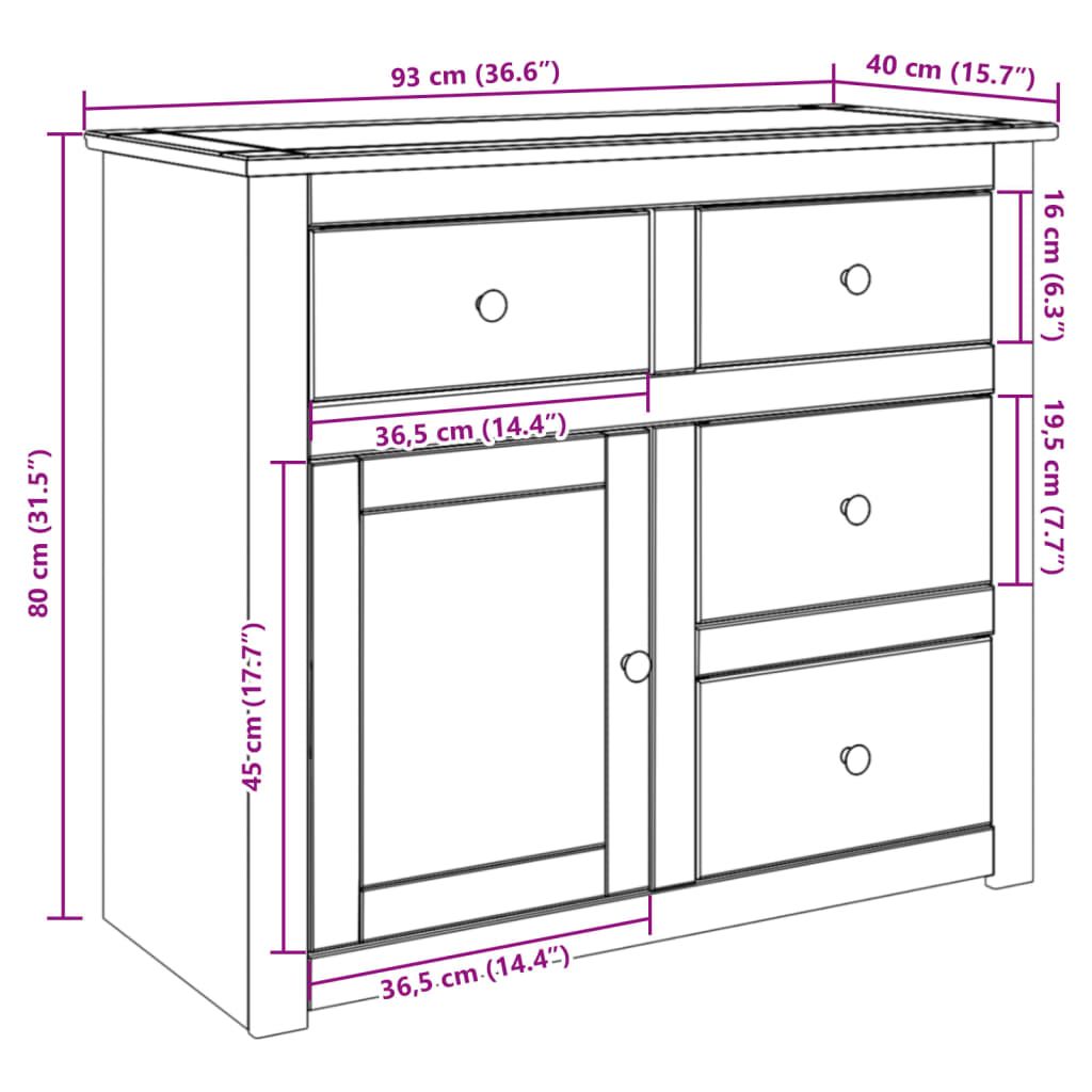 Sideboard with Drawers PANAMA 93x40x80 cm Solid Wood Pine