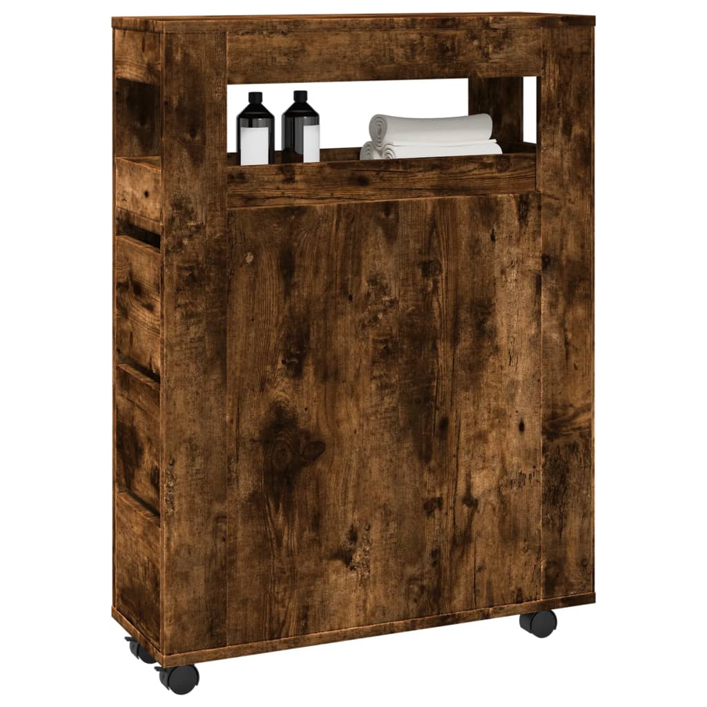 Narrow Bathroom Cabinet with Wheels Smoked Oak Engineered Wood