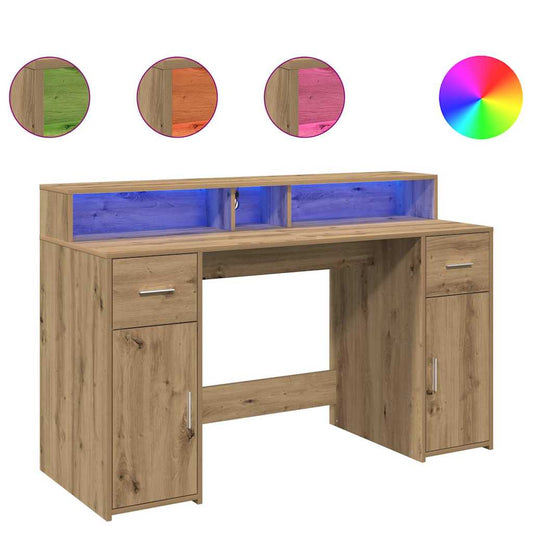 Desk with LED Lights Artisian Oak 140x55x91 cm Engineered Wood