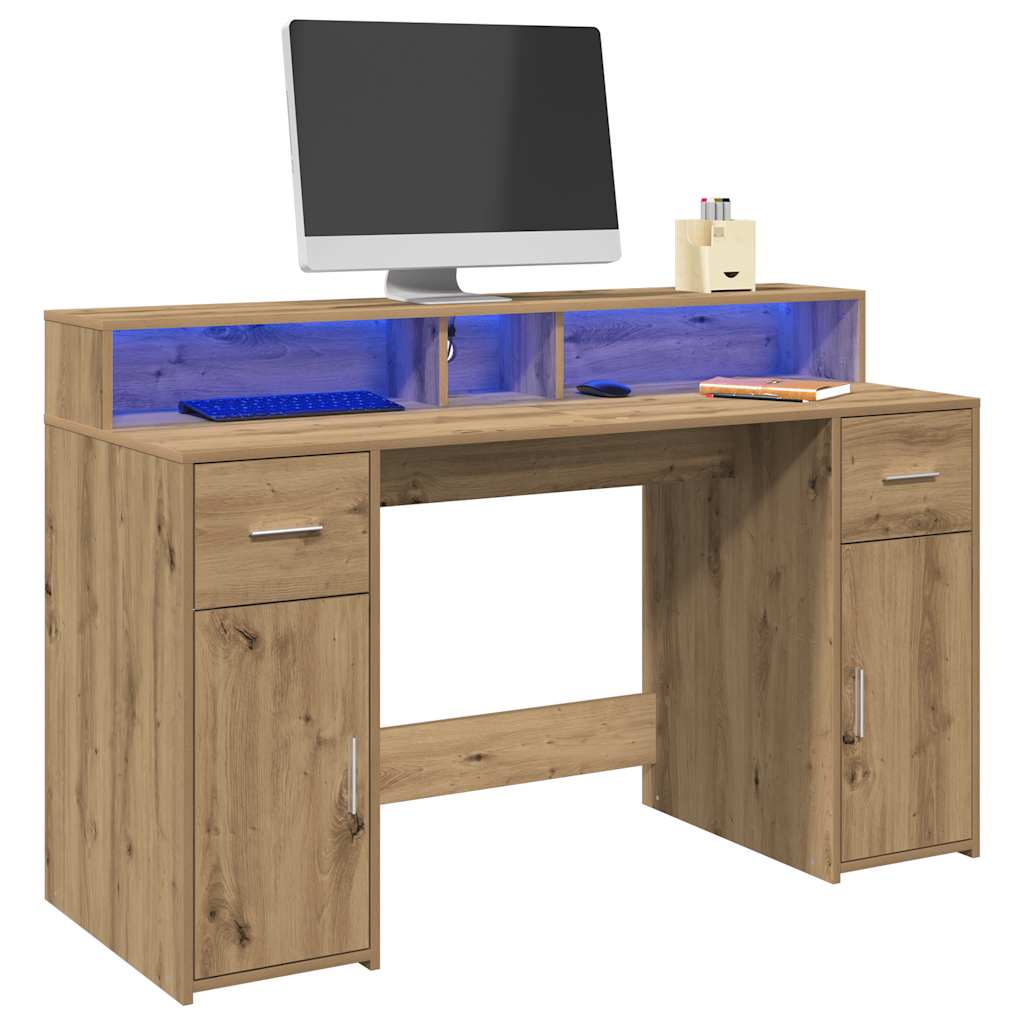 Desk with LED Lights Artisian Oak 140x55x91 cm Engineered Wood