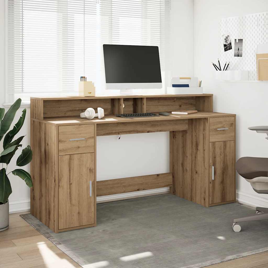 Desk with LED Lights Artisian Oak 160x55x91 cm Engineered Wood