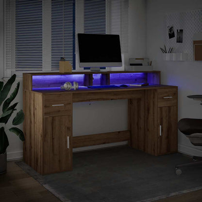 Desk with LED Lights Artisian Oak 160x55x91 cm Engineered Wood