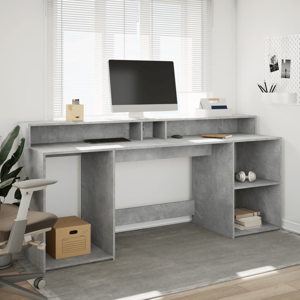 Desk with LED Lights Concrete Grey 200x55x91 cm Engineered Wood