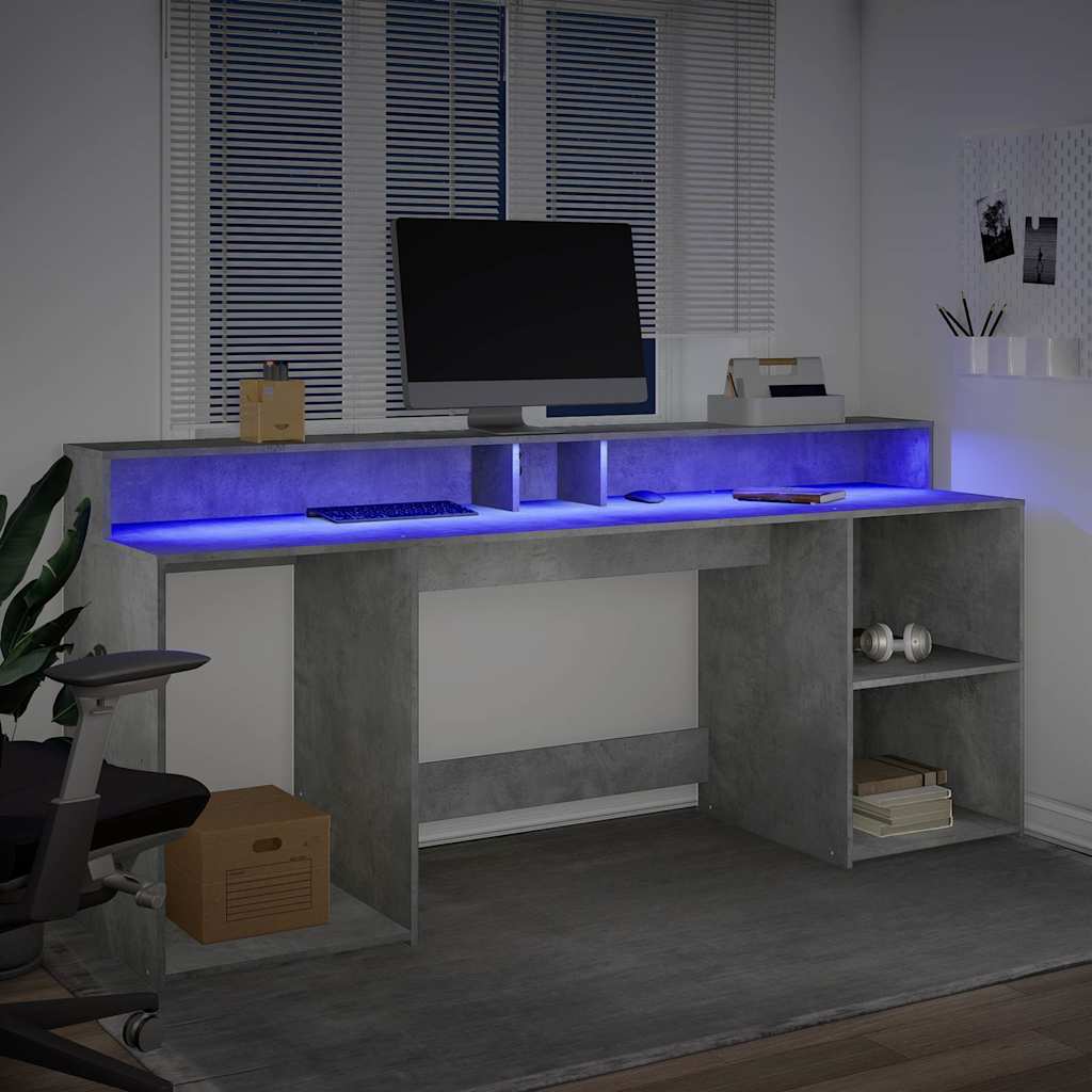 Desk with LED Lights Concrete Grey 200x55x91 cm Engineered Wood