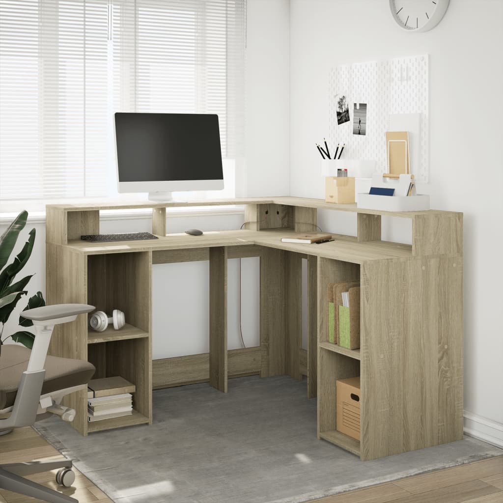 Desk with LED Lights Sonoma Oak 130x130x91 cm Engineered Wood