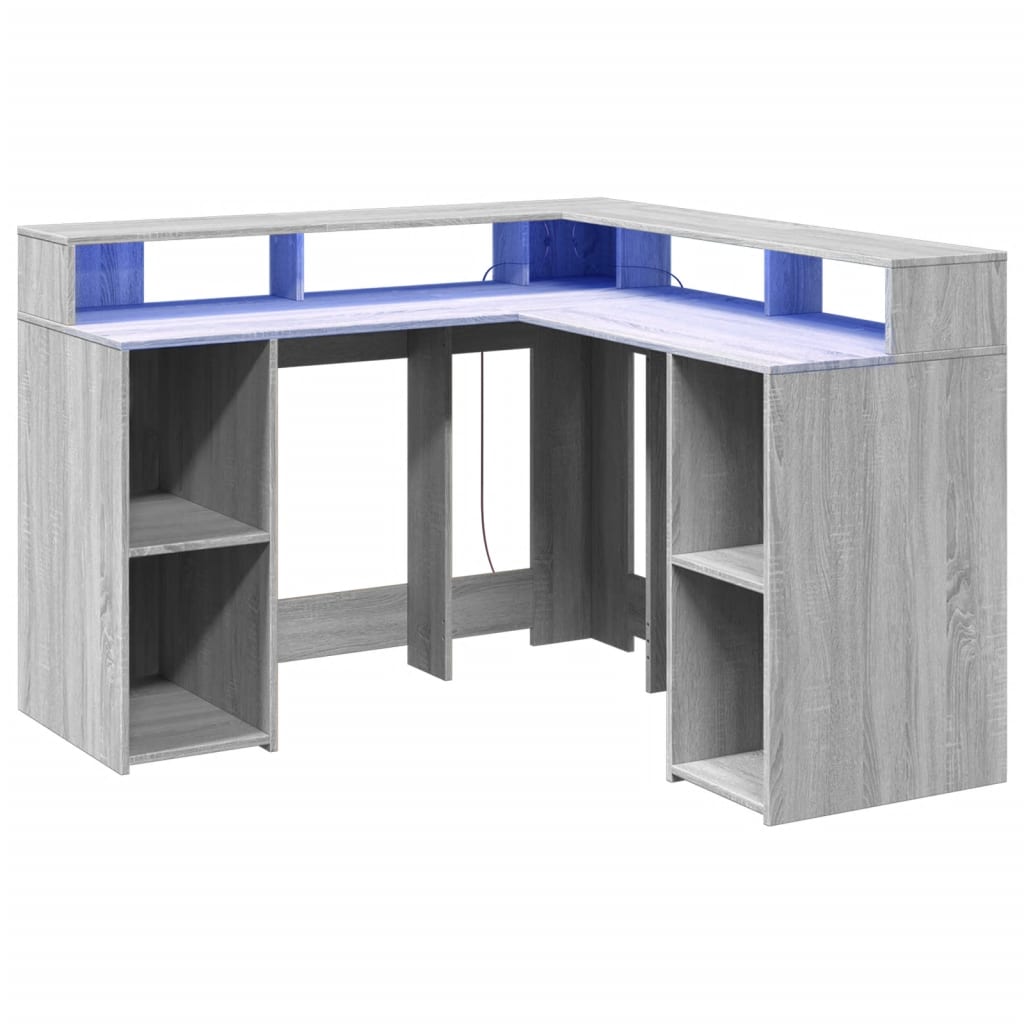 Desk with LED Lights Grey Sonoma 130x130x91 cm Engineered Wood