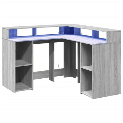 Desk with LED Lights Grey Sonoma 130x130x91 cm Engineered Wood