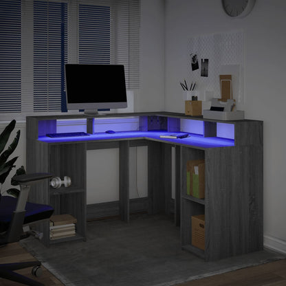 Desk with LED Lights Grey Sonoma 130x130x91 cm Engineered Wood