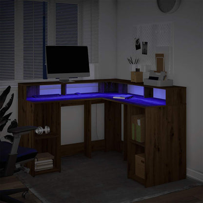 Desk with LED Lights Artisian Oak 130x130x91 cm Engineered Wood