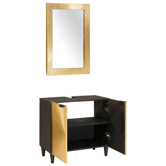 Bathroom Cabinet Set 2 pcs Black and Brass Solid Mango Wood