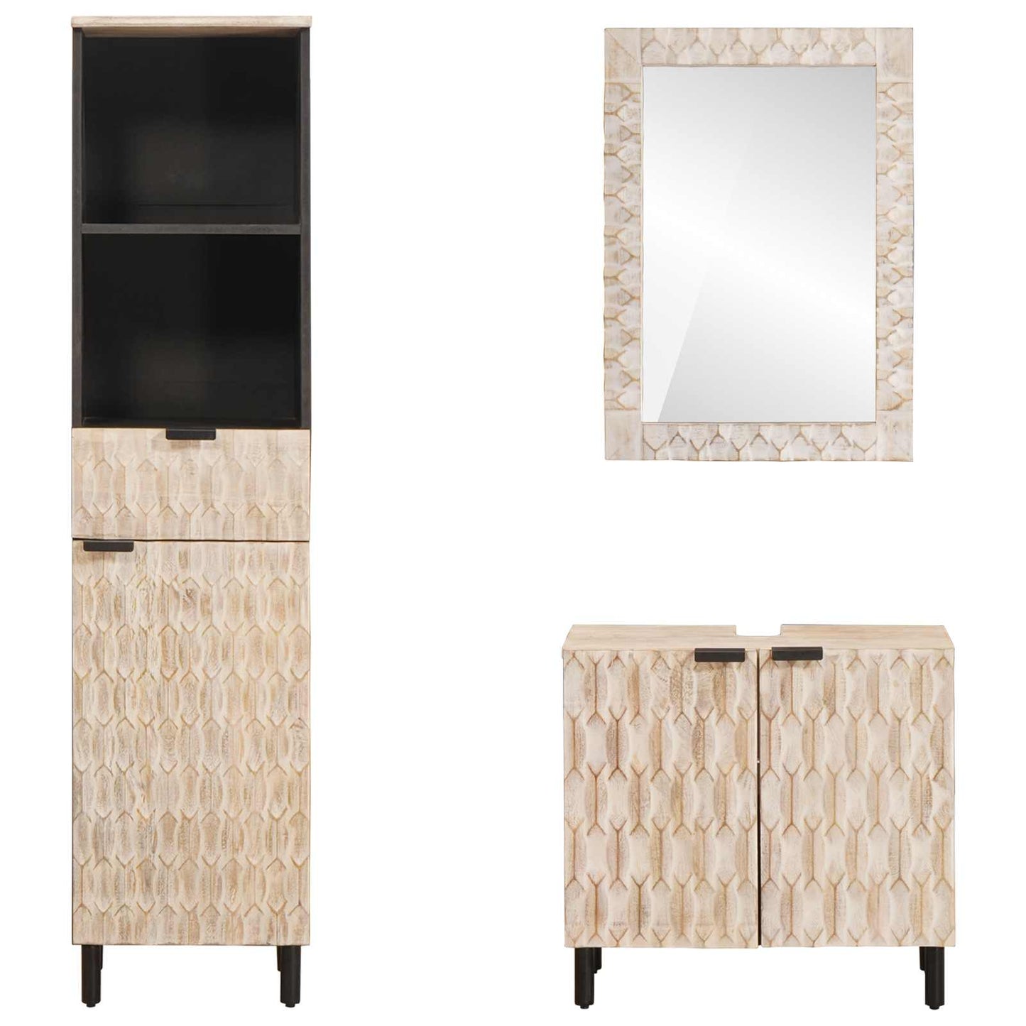 Bathroom Sets 3 pcs White Wash Finish Solid Mango Wood