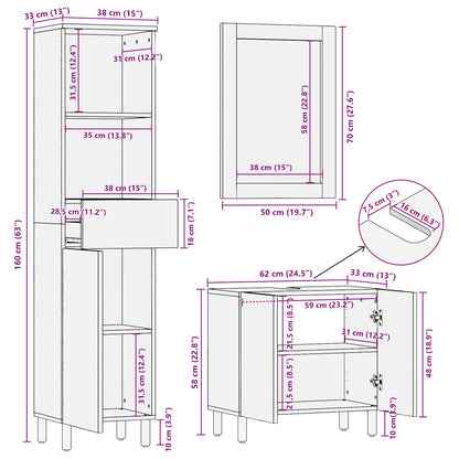 Bathroom Sets 3 pcs White Wash Finish Solid Mango Wood