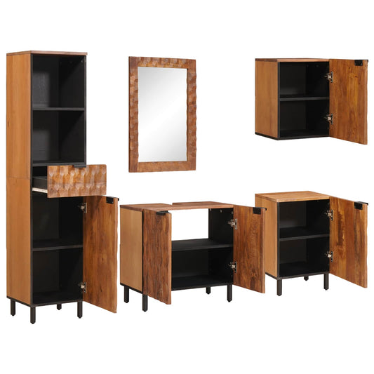 Bathroom Sets 5 pcs Acacia Brown Winish Solid Mango Wood