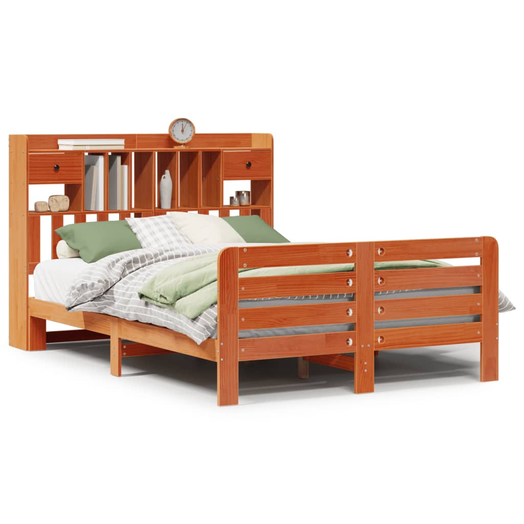 Bookcase Bed without Mattress Wax Brown 150x200 cm King Size Solid Wood Pine