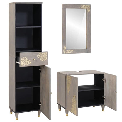 Bathroom Cabinet Set with Drawer 3 pcs Grey Solid Mango Wood