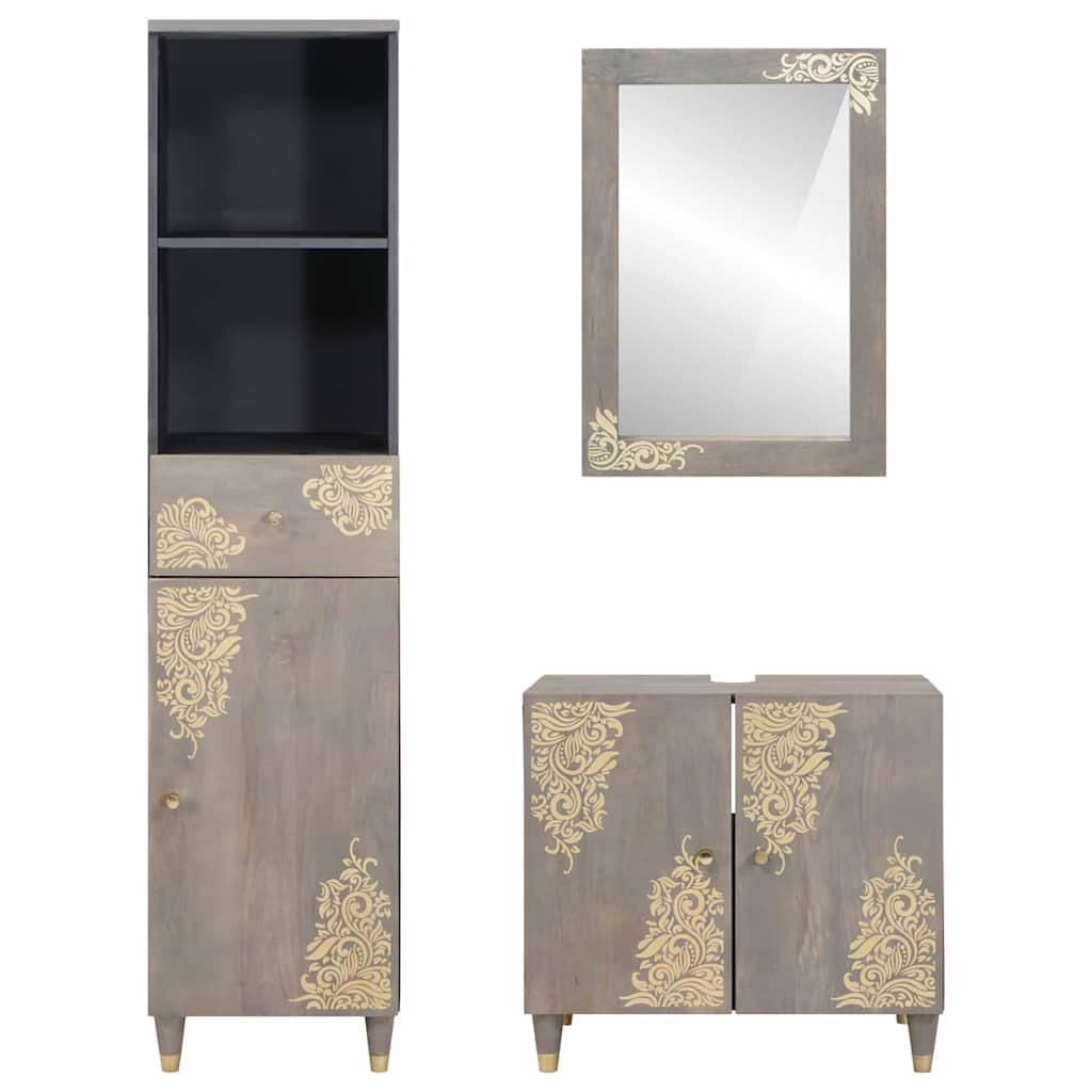 Bathroom Cabinet Set with Drawer 3 pcs Grey Solid Mango Wood
