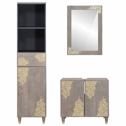 Bathroom Cabinet Set with Drawer 3 pcs Grey Solid Mango Wood