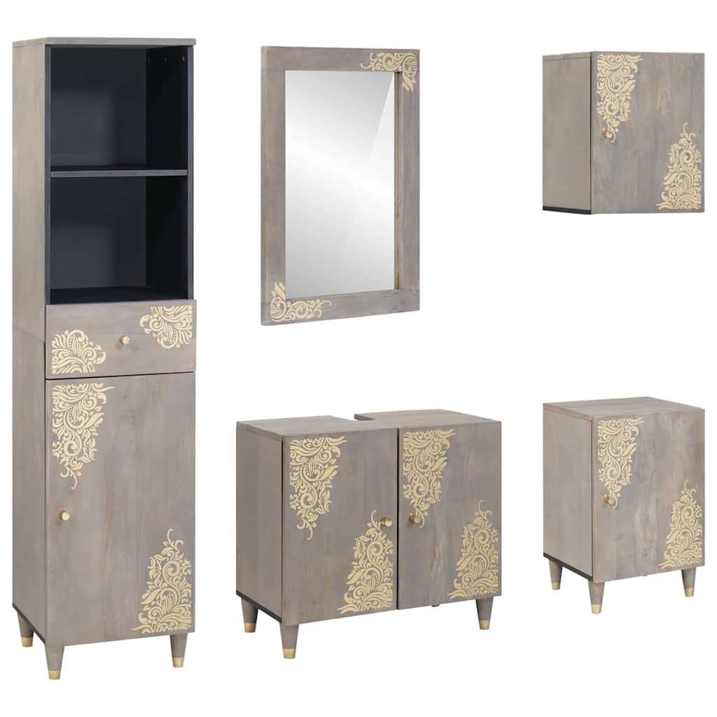 Bathroom Cabinet Set with Drawer 5 pcs Grey Solid Mango Wood