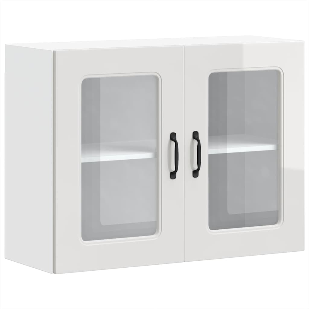 Kitchen Wall Cabinet with Glass Door Kalmar High Gloss White Engineered Wood