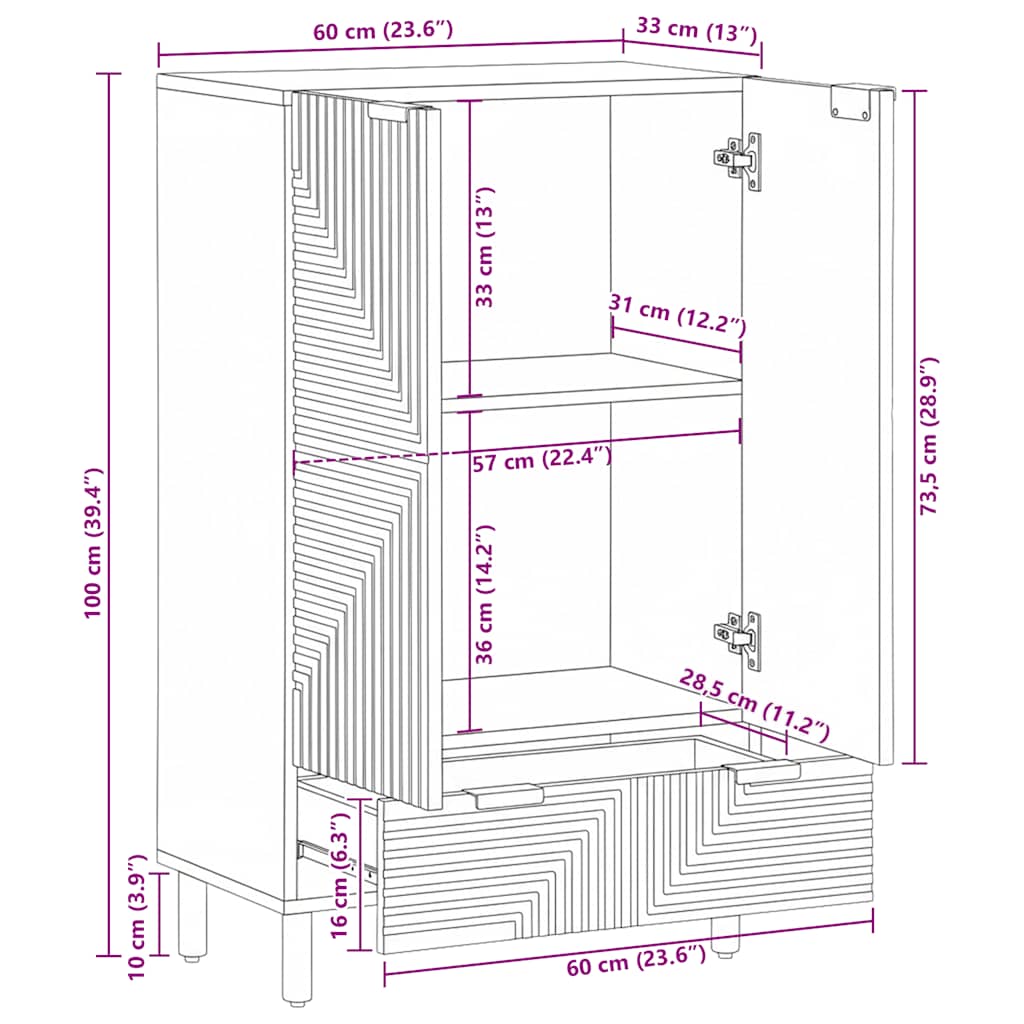 Highboard Brown 60x33x100 cm Solid Wood Mango