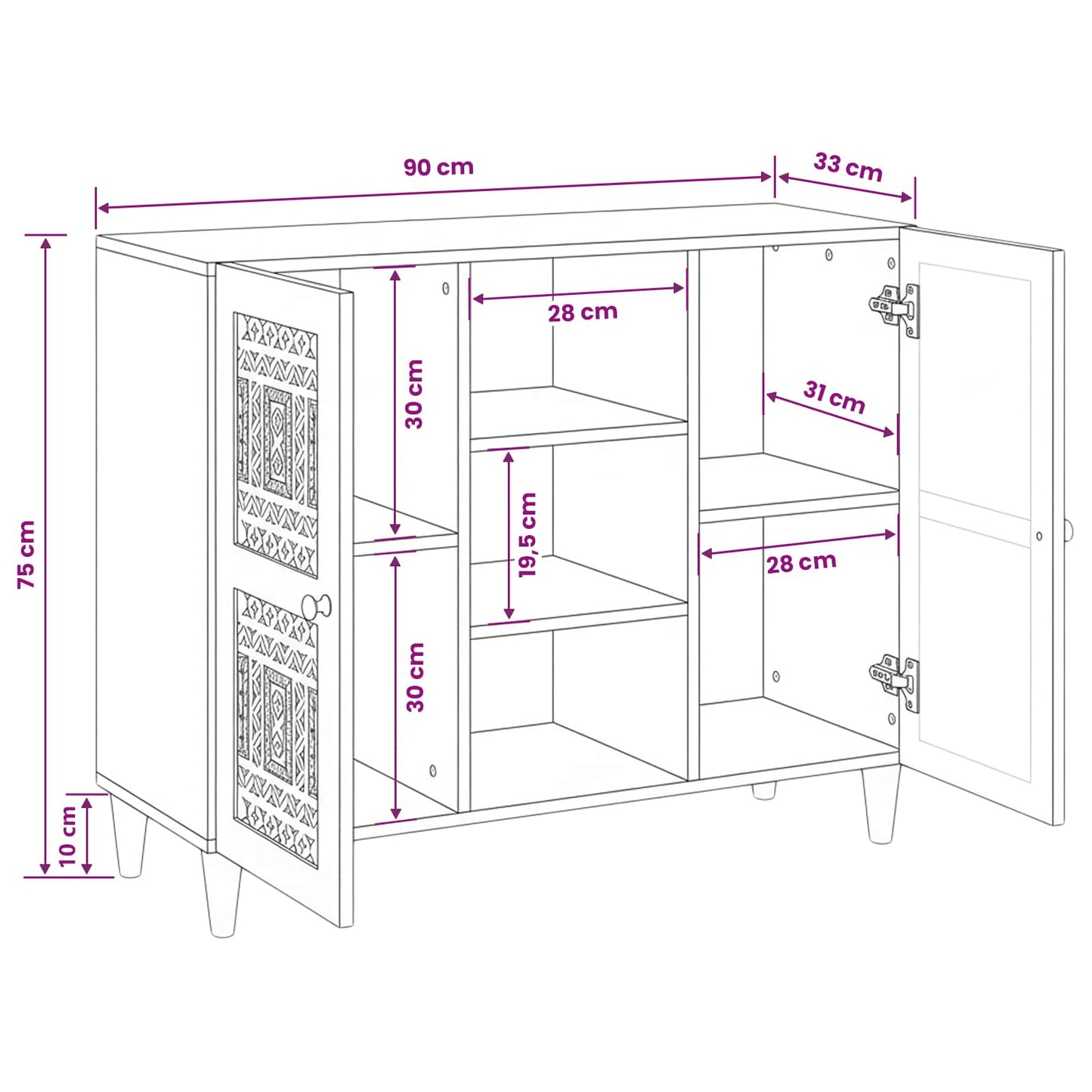 Sideboard 90 x 33 x 75 cm Solid Mango Wood