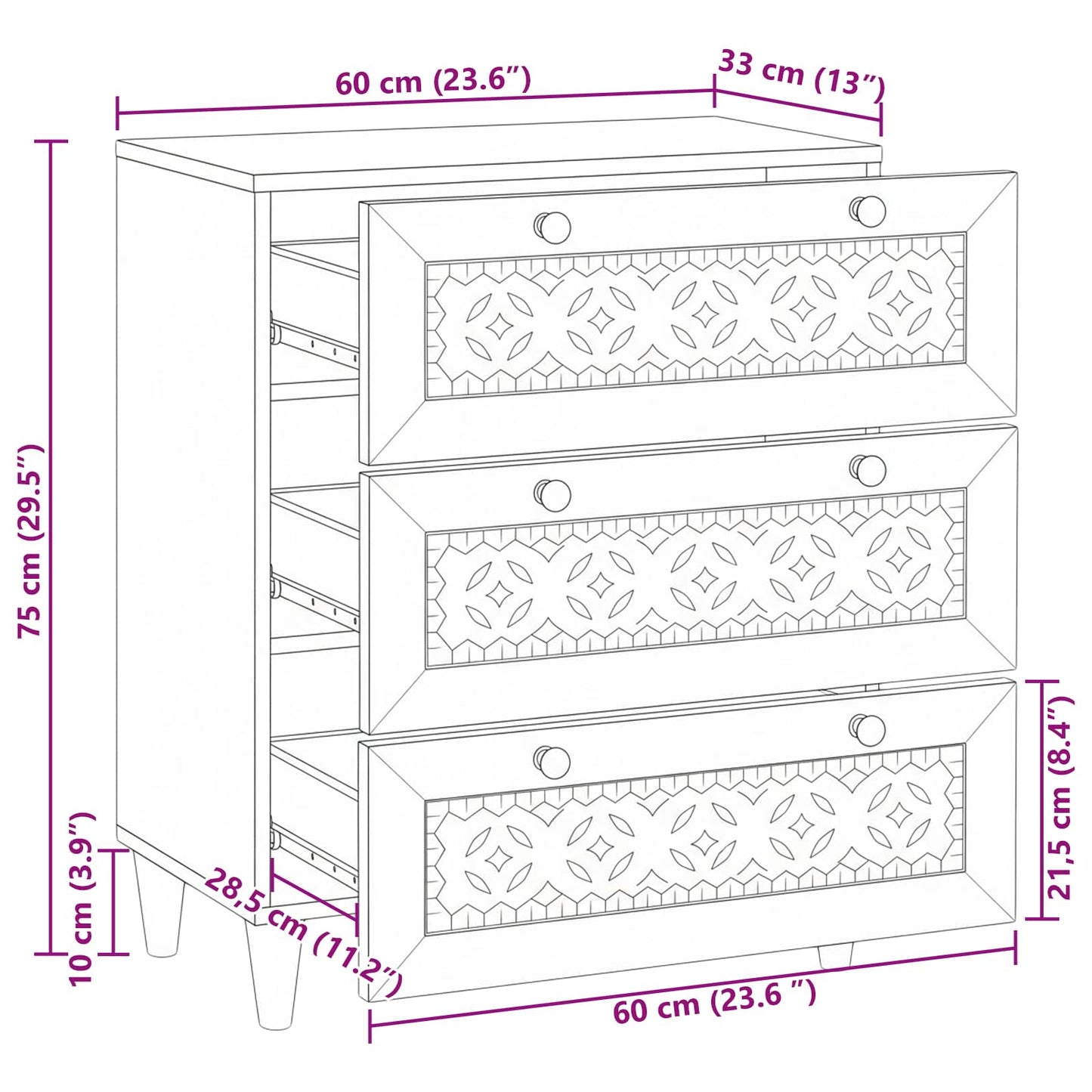 Sideboard White 60 x 33 x 75 cm Solid mango wood