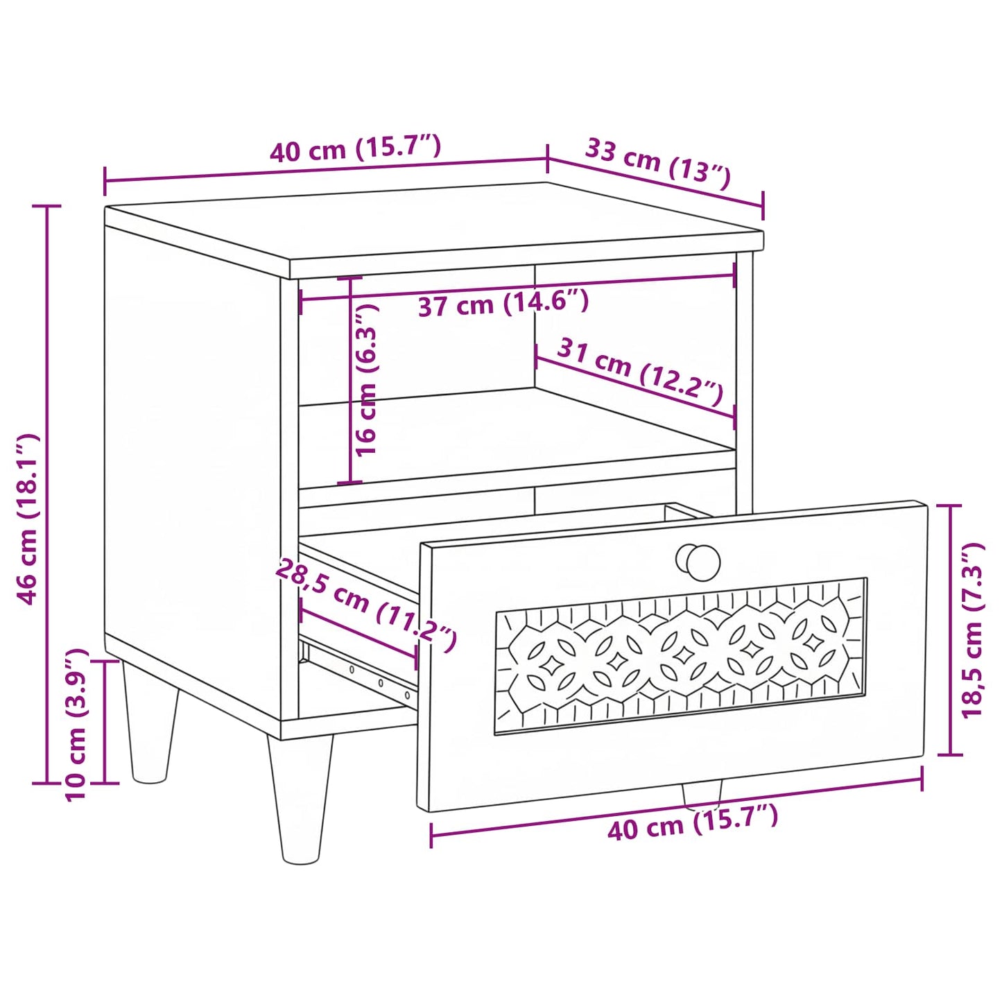 Bedside Cabinet Beige 40 x 33 x 46 cm Solid Acacia wood