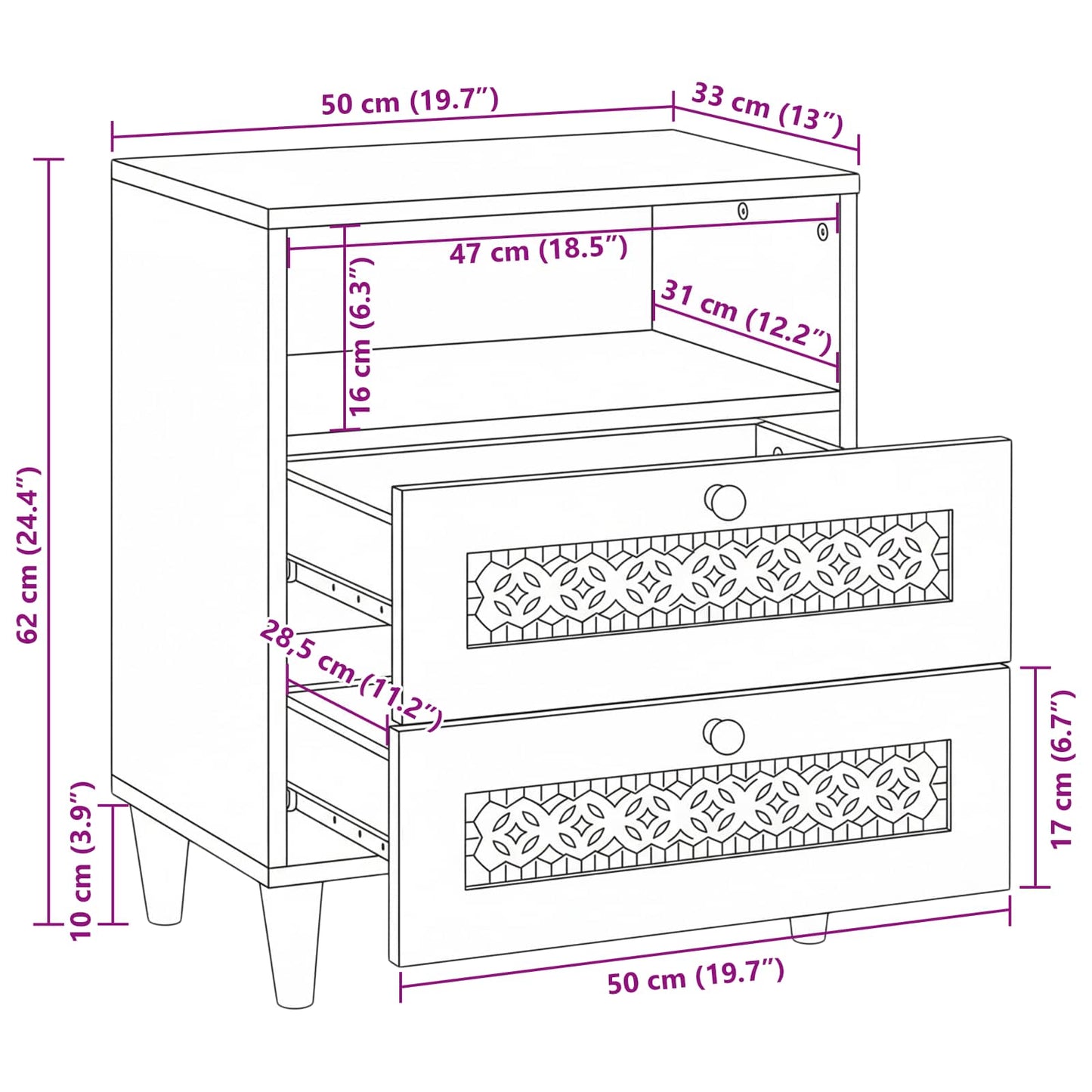 Bedside Cabinet Beige 50 x 33 x 62 cm Solid Acacia wood